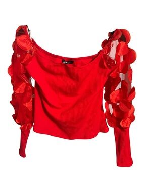 SHEIN Red Ribbed Knit Top with Sheer Appliqué Sleeves